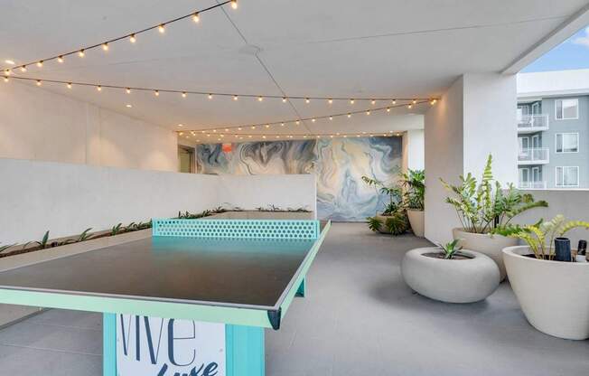 A ping pong table is in the middle of a room with plants on the side.