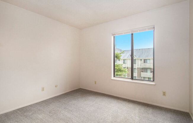 a bedroom with a large window and a carpeted floor