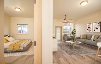 Fairview Village | Split View of Living Area and Bedroom