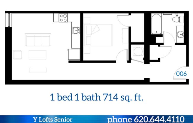 1 bed, 1 bath, 714 sqft, $805, Unit 006