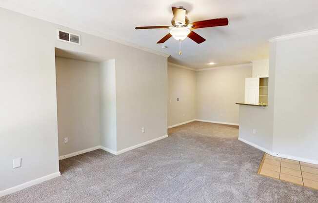 A room with a ceiling fan and carpeted floor.