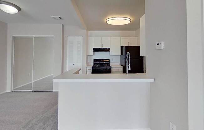 A kitchen area with a black fridge and white countertop.
