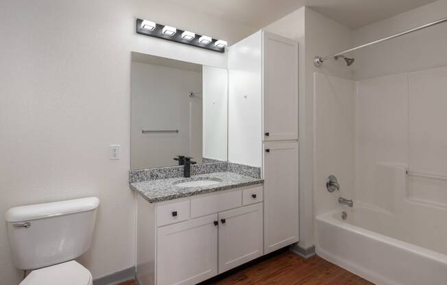 a bathroom with a toilet sink and mirror and a tub