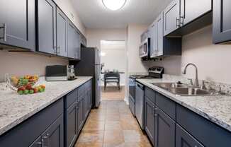 private kitchen with granite counter tops and dark blue cabinets and a sink