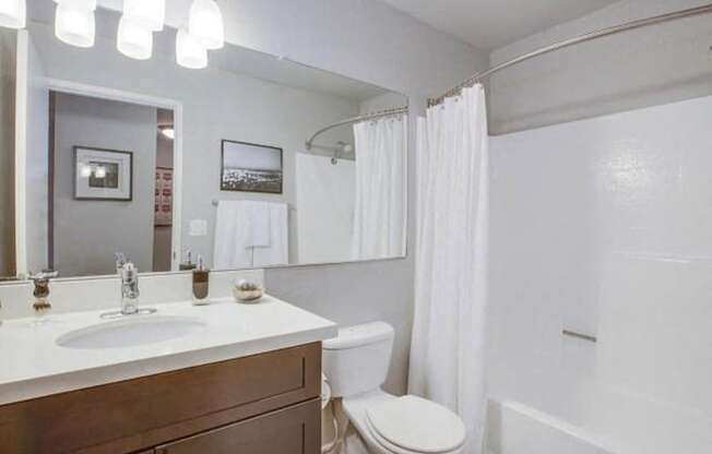 Newly upgraded bathroom with spacious countertops  at Duet on Wilcox, Los Angeles