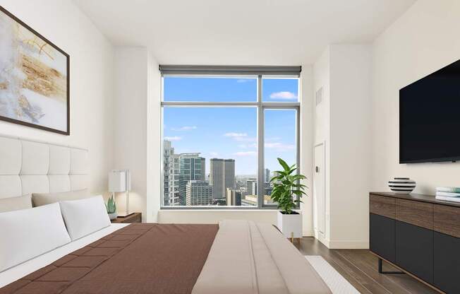 a bedroom with a bed and a large window at Cassidy on Canal, Illinois, 60606