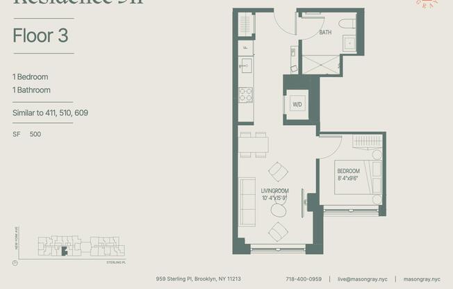 1 bed, 1 bath, 500 sqft, $3,750, Unit 510