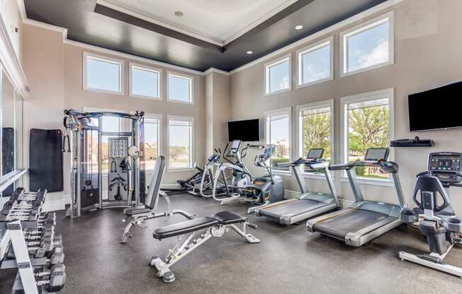 the gym has plenty of cardio equipment and windows