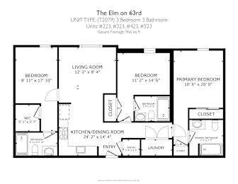 3 beds, 3 baths, 966 sqft, $733