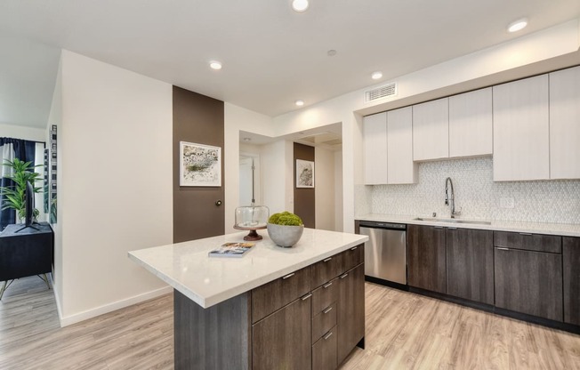 Model home kitchen with dark cabinets on the bottom and white cabinets towards the top. Stainless steel dishwasher and pull-out kitchen faucet at Morgan Ranch Apartments, Morgan Hill, CA