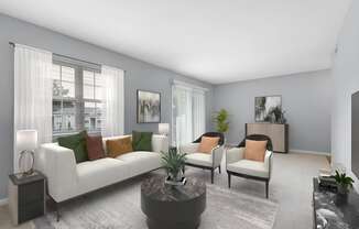 a living room with grey walls and white couches and chairs