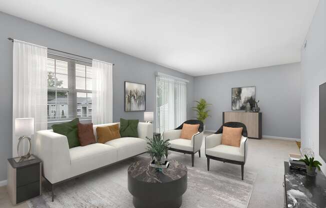 a living room with grey walls and white couches and chairs