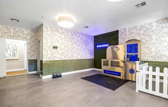 A room with a white picket fence and a blue sign on the wall.