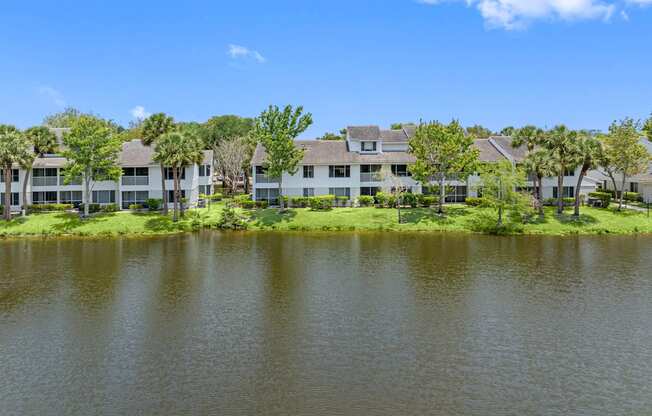 view of the apartments from across the lake