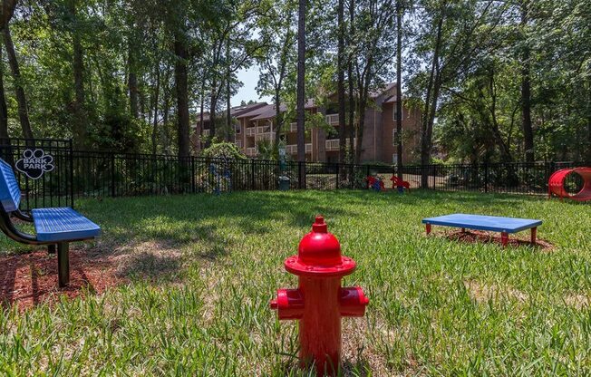 a red fire hydrant in the middle of a park