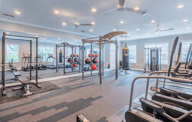 A gym with a variety of equipment including treadmills, weights, and a bench press.