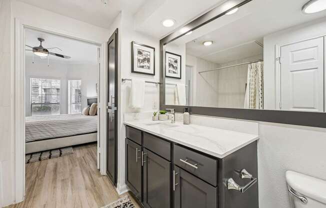 A bathroom with a black and white color scheme.