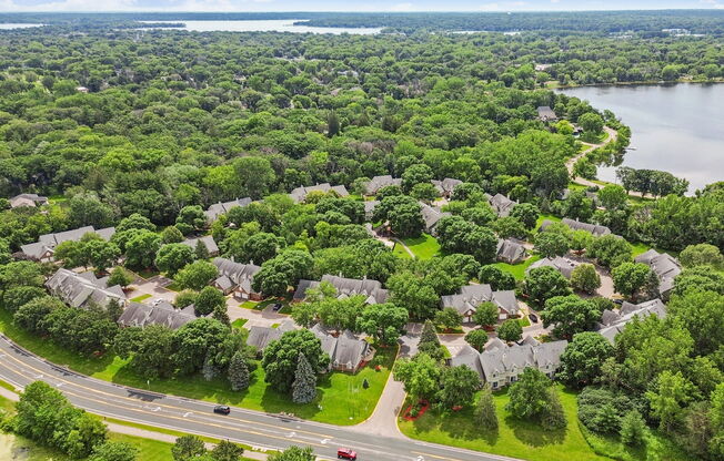 A suburban neighborhood with houses and a lake in the background.