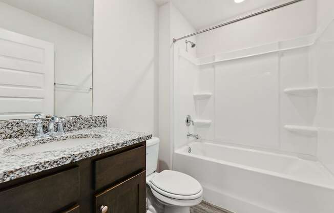 a bathroom with a shower toilet and sink and a mirror