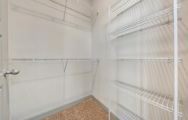 the walk in closet has plenty of shelving and a shower