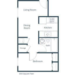 1 bed, 1 bath, 694 sqft, $825