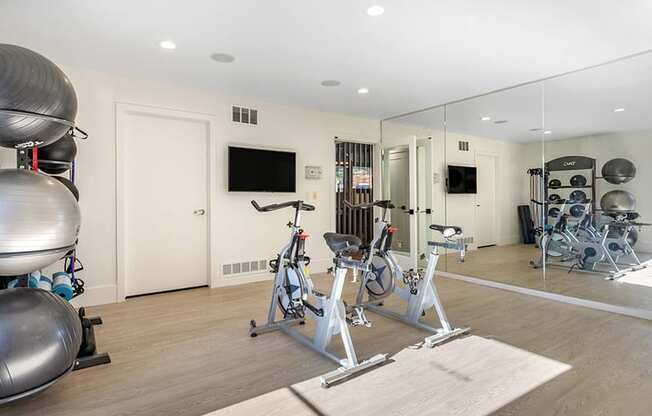 a workout room with bikes and mirrors in a home gym