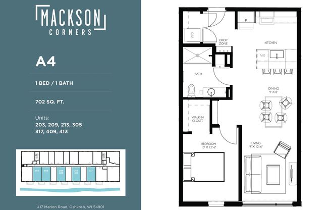 1 bed, 1 bath, 702 sqft, $1,425, Unit 409