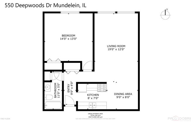 1 bed, 1 bath, 695 sqft, $1,335, Unit 1E