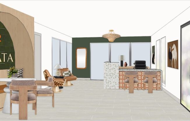 A modern living room with a dining table and chairs.