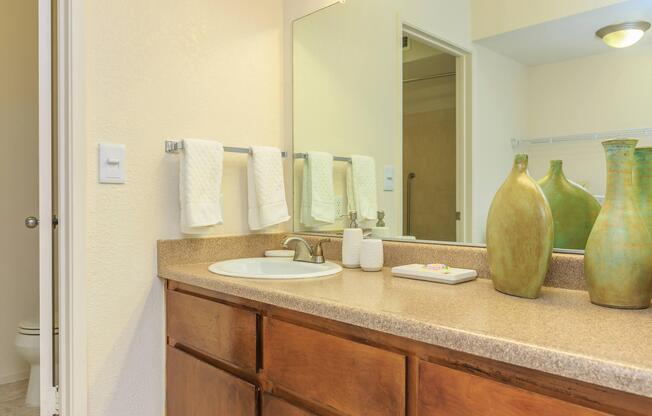 a kitchen with a sink and a mirror