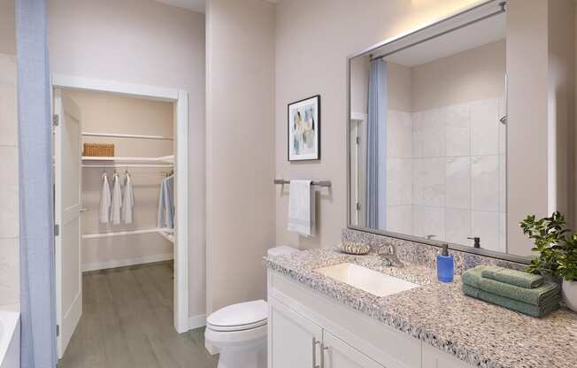 a bathroom with a large mirror and a toilet and a sink