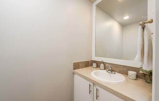 A bathroom with a sink and mirror.