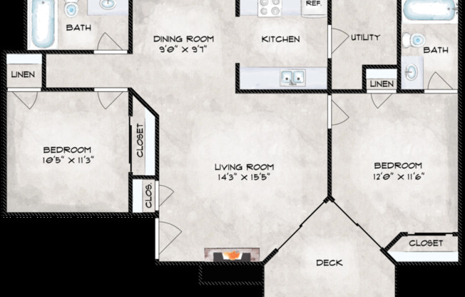 2 beds, 2 baths, 990 sqft, $1,305