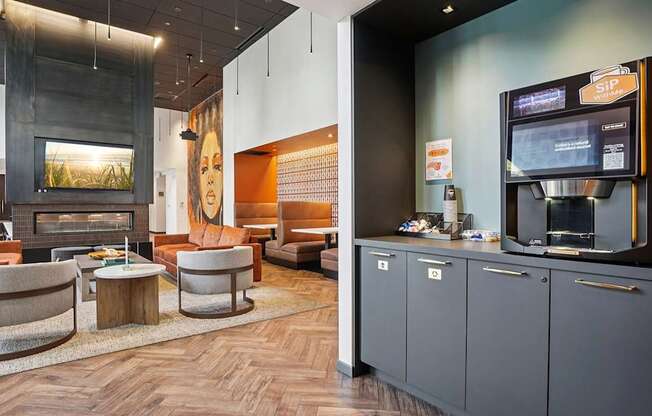 A modern living room with a fireplace and a television.