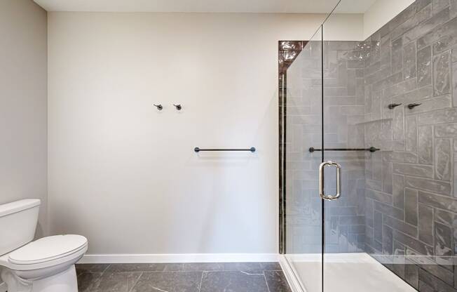 a bathroom with a toilet and a glass shower