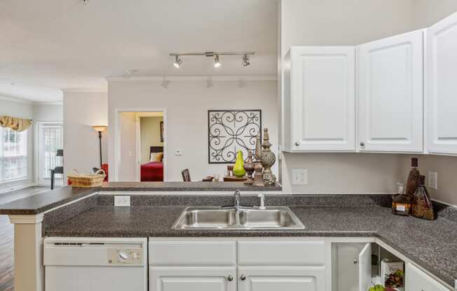 a kitchen with white cabinets and granite counter tops and a sink