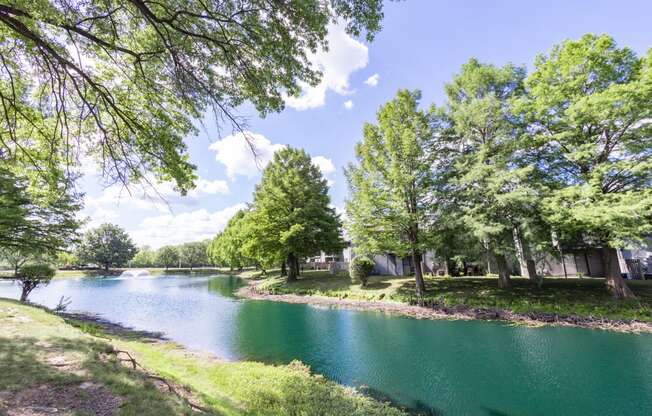 Tranquil pond with mature landscape at Woodlake Apartments