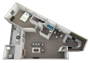 3D rendered drawing of a one bedroom one full bathroom floorplan with full kitchen, private patio-balcony, large walk in closet and washer and dryer connections. Approximately 760 square feet.