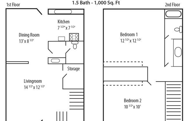 2 beds, 1.5 baths, 1,100 sqft, $1,050