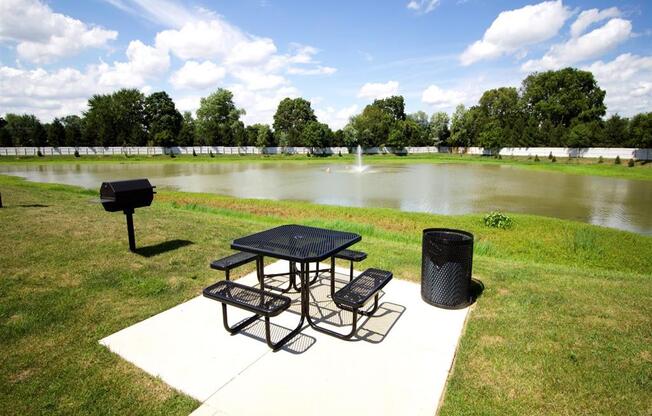 a picnic area with a table and a grill next to a pond