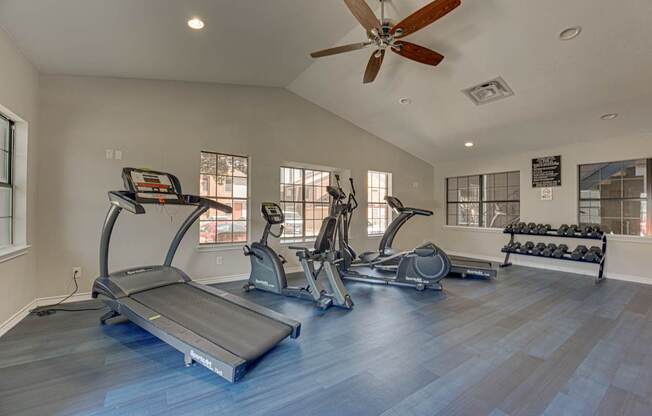 A spacious home gym with treadmills, elliptical machines, and a fan.