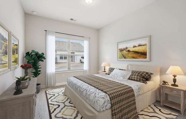 A bedroom with a large bed and a painting on the wall.