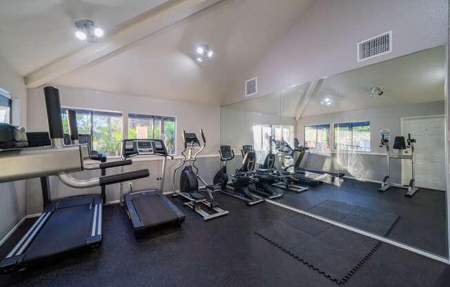 a large fitness room with cardio equipment and windows