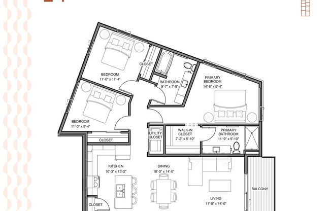 3 beds, 2 baths, 1,347 sqft, $2,450, Unit 201