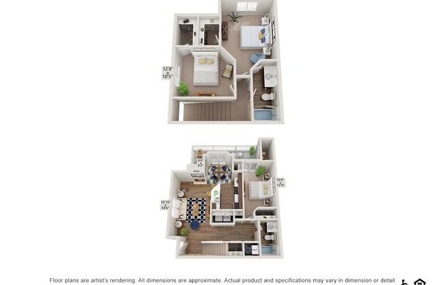 Two floor plans of an apartment with dimensions and furniture layout.