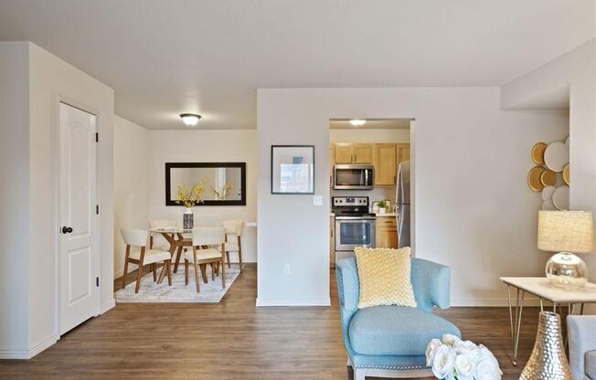 The Crossings at Chapel Hill Living Room with View into Kitchen and Dining Room