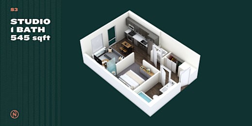 Studio, 1 bath, 545 sqft, $1,532