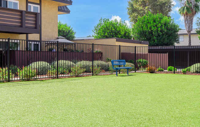 a blue bench sitting in the middle of a lush green yard