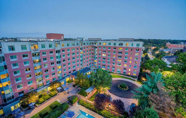an aerial view of the hotel at night