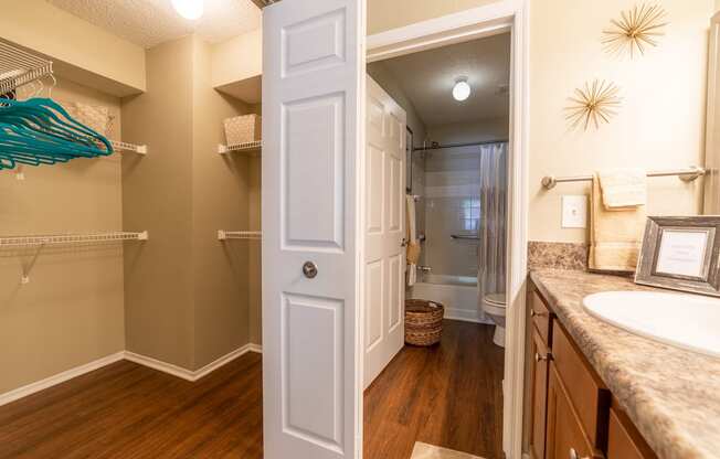 a bathroom with doors leading to closet